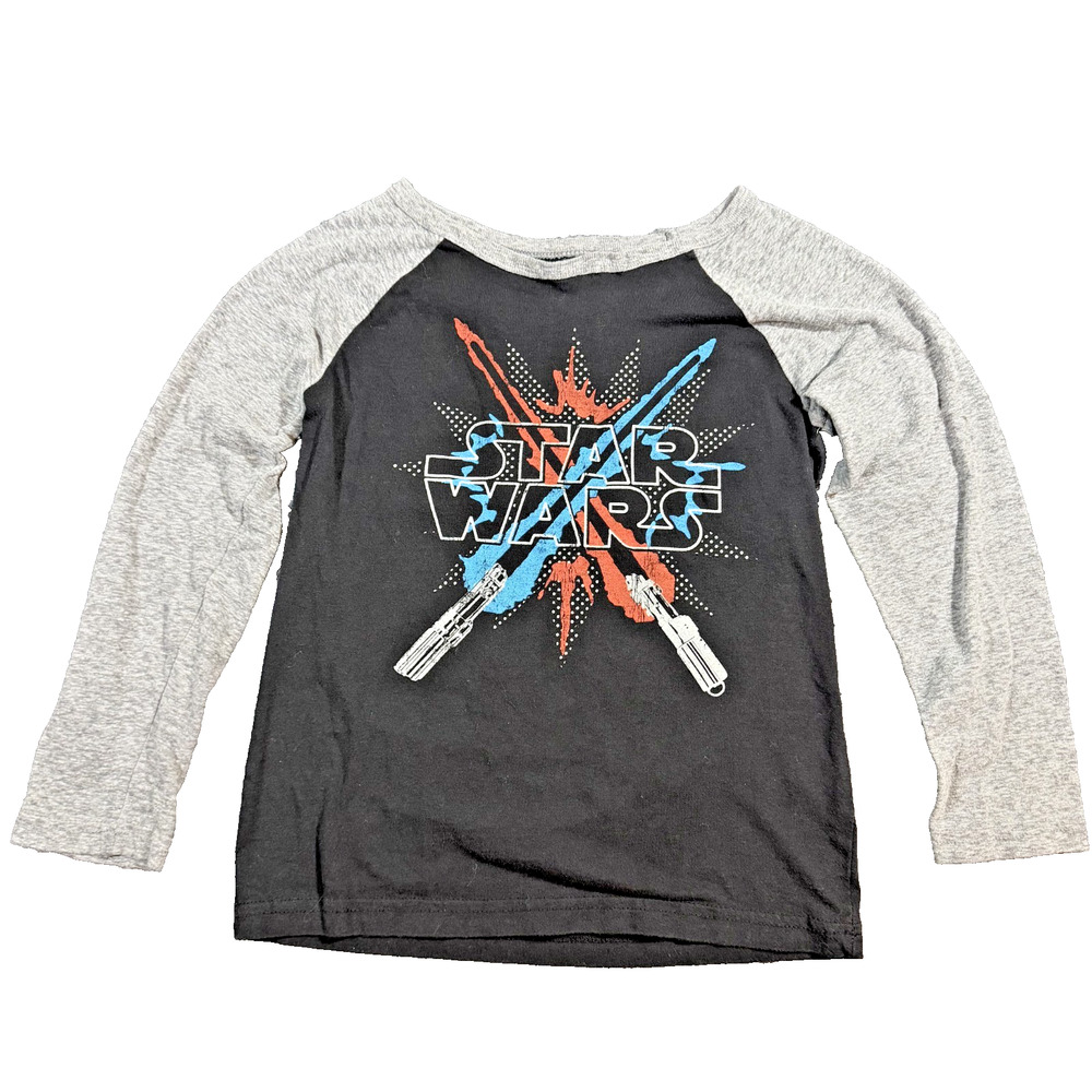 Boys Star Wars Long Sleeve Shirt Size 7 Black Lightsaber Graphic Gray Sleeves